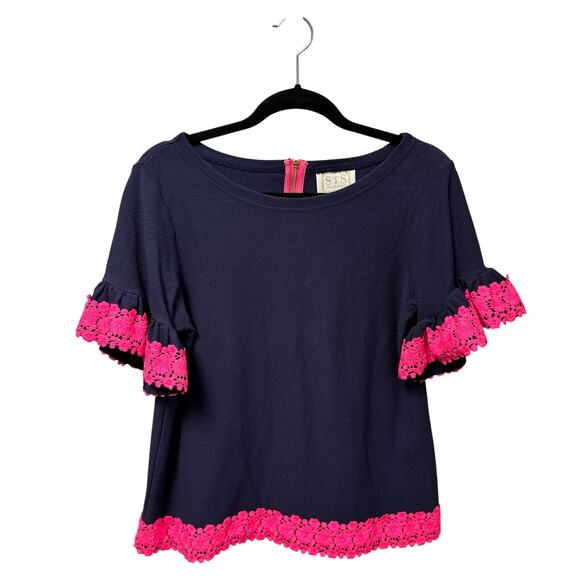 Sail to Sable Navy Blouse with Pink Trim - Picture 1 of 7